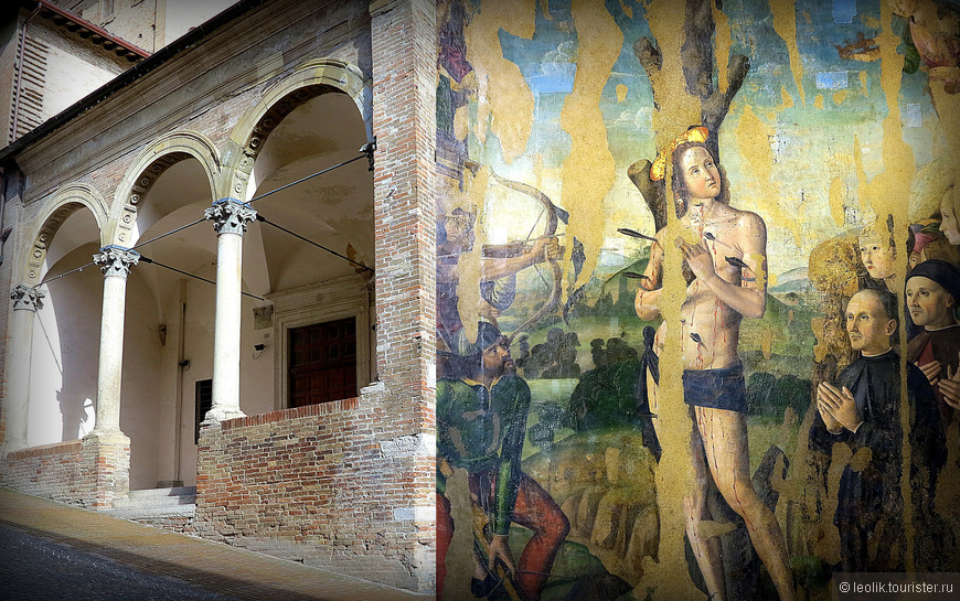 Портик бывшей больницы Оспетале дела Мизеркордия и картина Джованни Санти Святой Себастьян, хранящаяся в доме-музее Рафаэля.