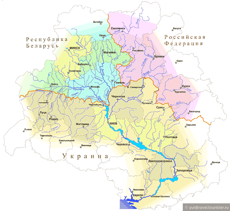 Карта бассейна Днепра. Река Ворскла течет от Белгорода через Полтаву
