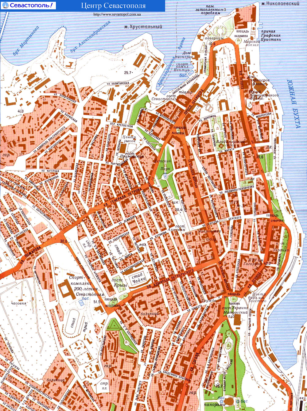 Подробная карта Севастополя с улицами и номерами домов.