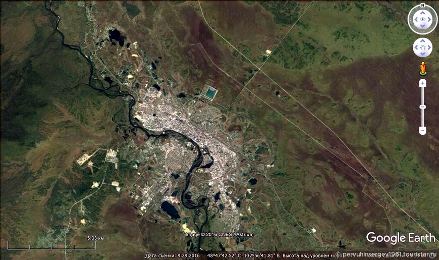 Биробиджан с высоты 23 км. Google Earth