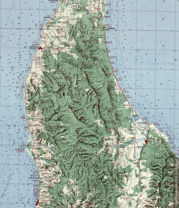 Карта Карафуто, состояние местности на 1937 год. USA Army, 1953