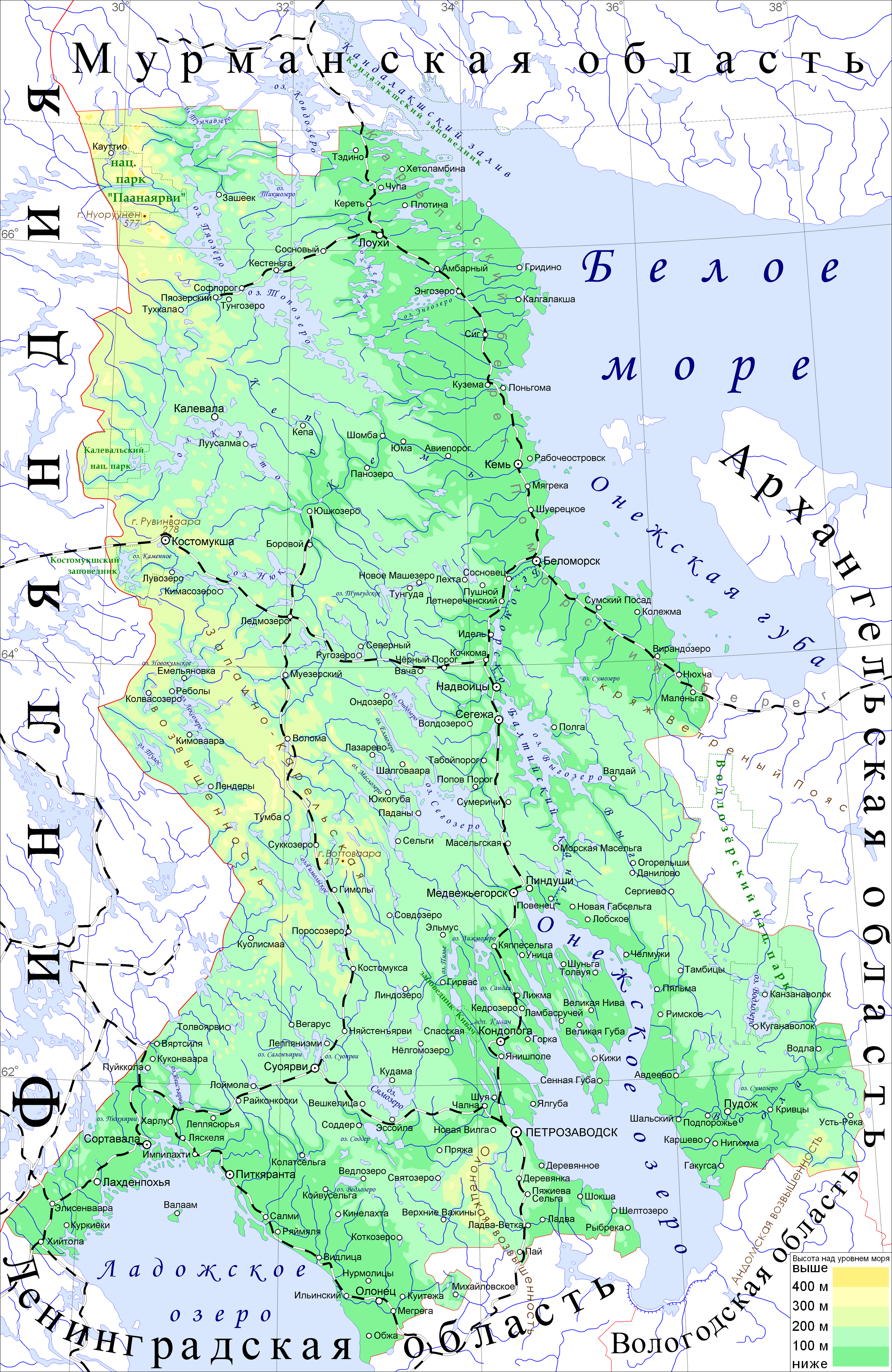 Карта Карелии с населенными пунктами на Туристер.Ру