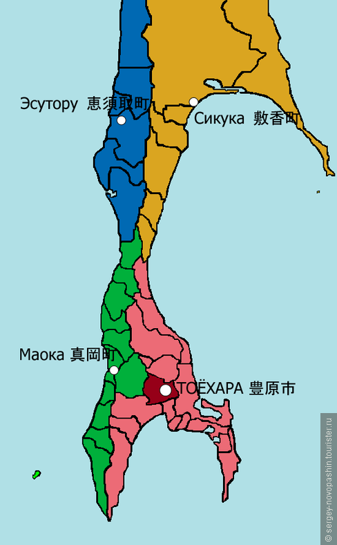 Схематическая карта административного деления губернаторства Карафуто.Источник: http://www.writeopinions.com/karafuto-prefecture