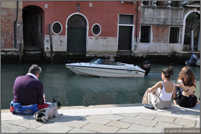 Венеция. Отдыхают на берегу канала.  Забавно пёс лежит.