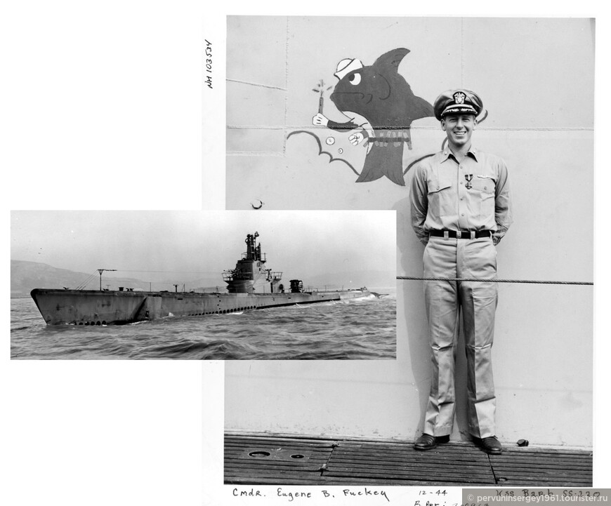 Юджин Флакки, командир крейсерской подводной лодкой SS-220 «Барб». Компиляция из фото. Источник: http://reformedchaplains.com/the-sub-that-sank-a-train/