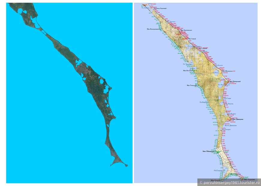 Карта-схема полуострова Терпения на основе фото Google Earth и топографическая карта 1:100000 с точками мониторинга 2005 года.
