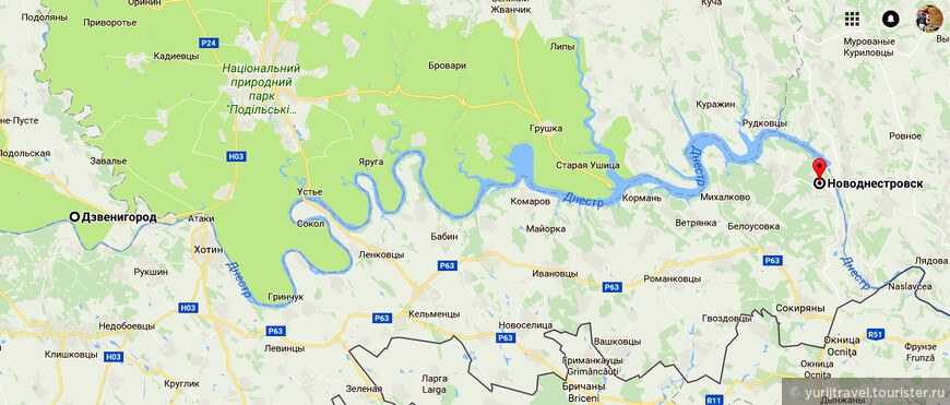 Карта сплава на моторном катамаране по р. Днестр от с. Дзвенигород до г. Новоднестровск