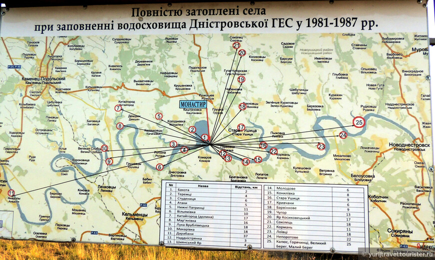 Карта районов затопления и список выселенных мест при строительстве Днестровской ГЭС
