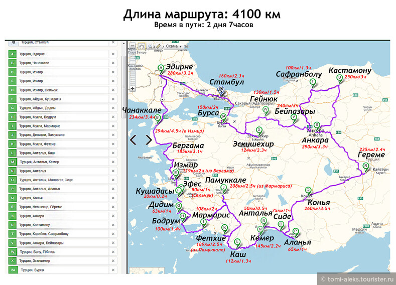 Составленный маршрут по Турции на 14 дней