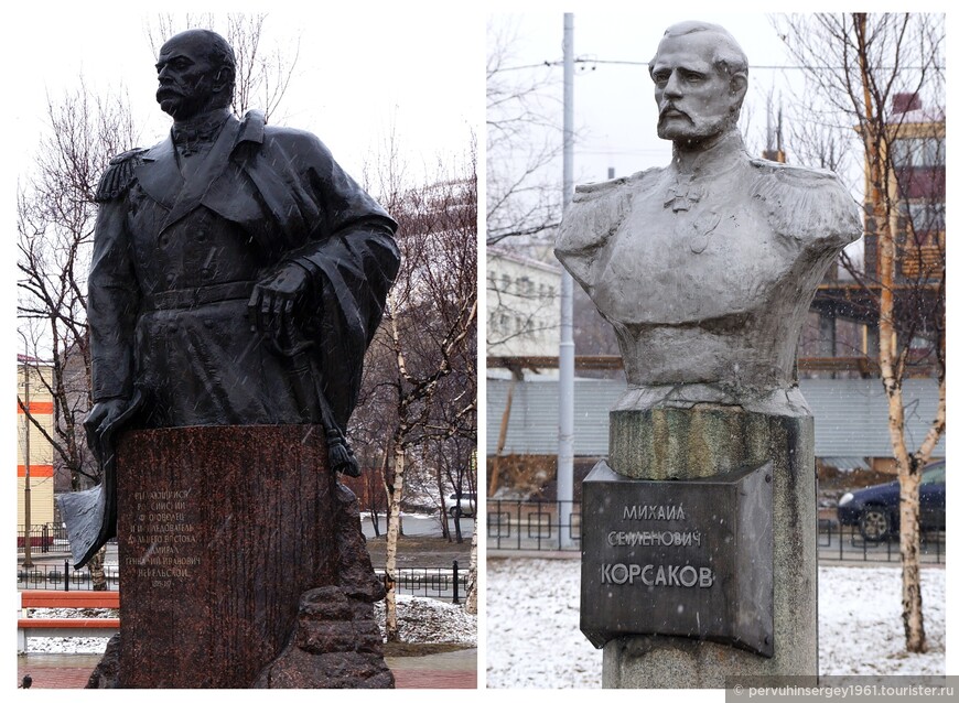 Памятник Г.И. Невельскому и бюст М.С. Корсакову в сквере Вакканай
