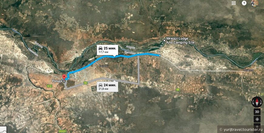 Карта пути от отеля  N’Kwazi Lodge (Намибия) в дельту реки Окаванго к отелю Nguma Island Lodge