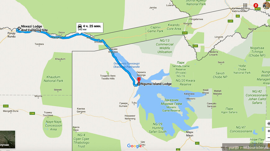 Карта маршрута к отелю в дельте Окаванго