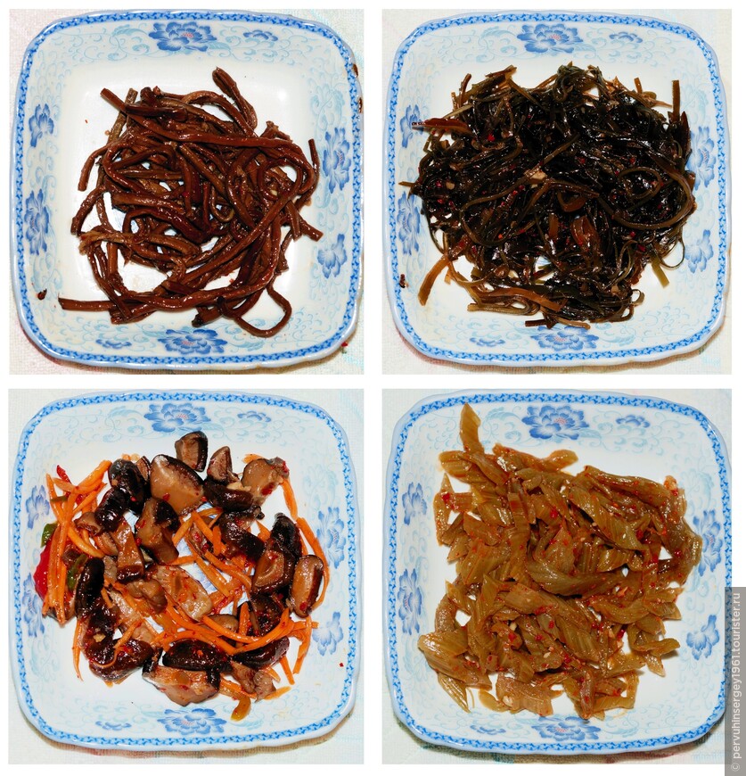 Корейские салаты (папоротник, морская капуста, шиитакэ с овощами, белокопытник)