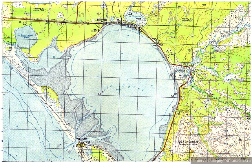 Фрагмент топографической карты оз. Буссе. Состояние местности на 1975 год