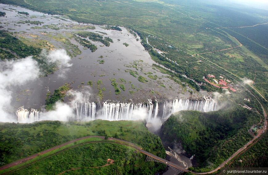 Водопад Виктория с вертолета. Январь 2007. Граница между Зимбабве (слева) и Замбией проходит по ущелью, из которого вытекает поток