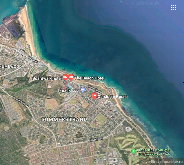Карта пляжной линии г. Порт-Элизабет. Желтая полоса сверху - Кингс Бич