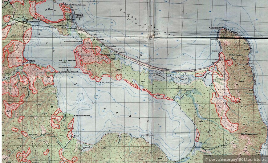 Советская топографическая карта 1945 года. Красным выделены участки леса поврежденные вспышкой сибирского шелкопряда в начале 20-х годов и вырубленные японцами