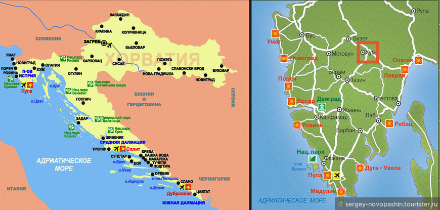 Слева: Карта Хорватии. Справа: Карта Истрии с дорогами. Место локации Хума.