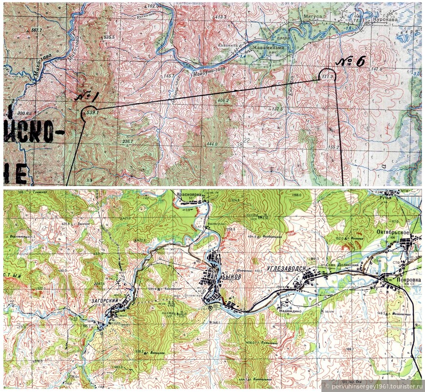 Фрагменты топографических катр, вверху топографическая карта масштаба 1:100 000, составленная в 1945 году по японской топографической карте 1931 года издания. Внизу карта той-же территории масштаба 1:100 000. составленная в 1957-1962 году издания 1973 года