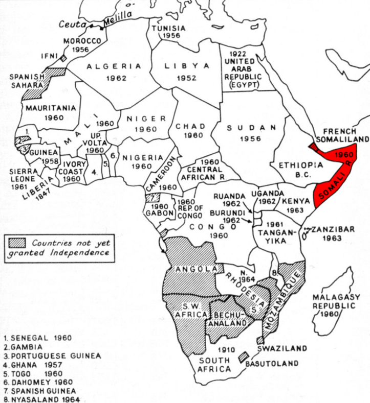 Африка. 1964 г. Цифрами указаны годы получения странами независимости