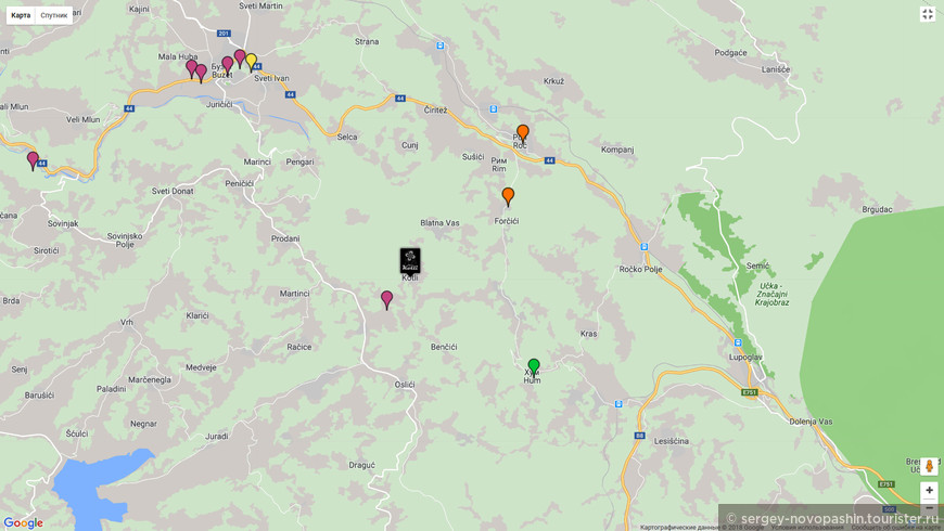 Карта google: Хум, Котлы, Бузет и др. города и села северной Истрии. Мирна показана не вся, без верховий. Среднее русло идет вдоль шоссе 44. На юго-западе видно озеро Бутонига.
