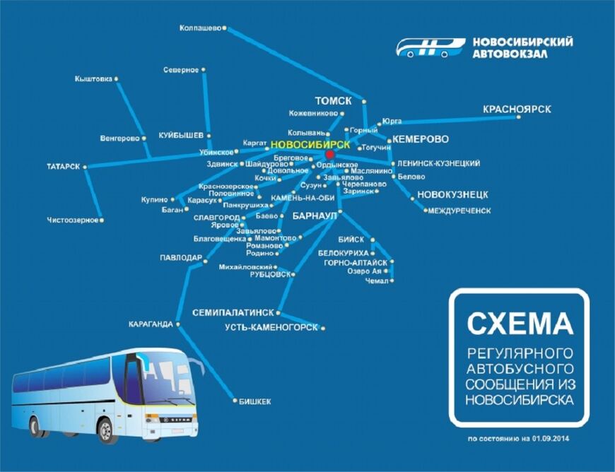 Схема регулярного автобусного сообщения из Новосибирска