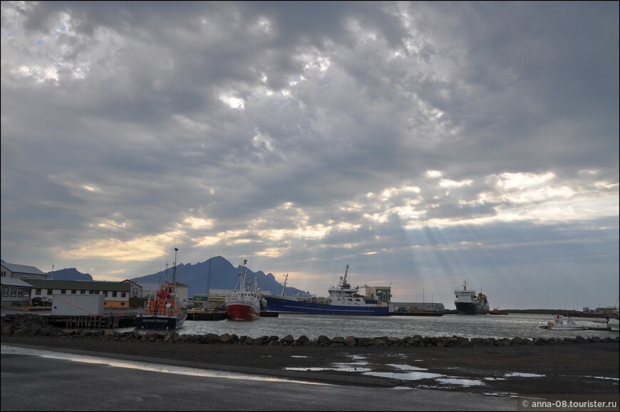 Вот за этими судами, стоящими у причала виднеются корпуса одного из крупнейших заводов по переработке рыбы в восточной части Исландии.