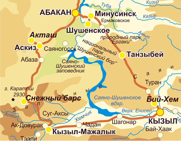 Карта путешествия по Саянскому кольцу