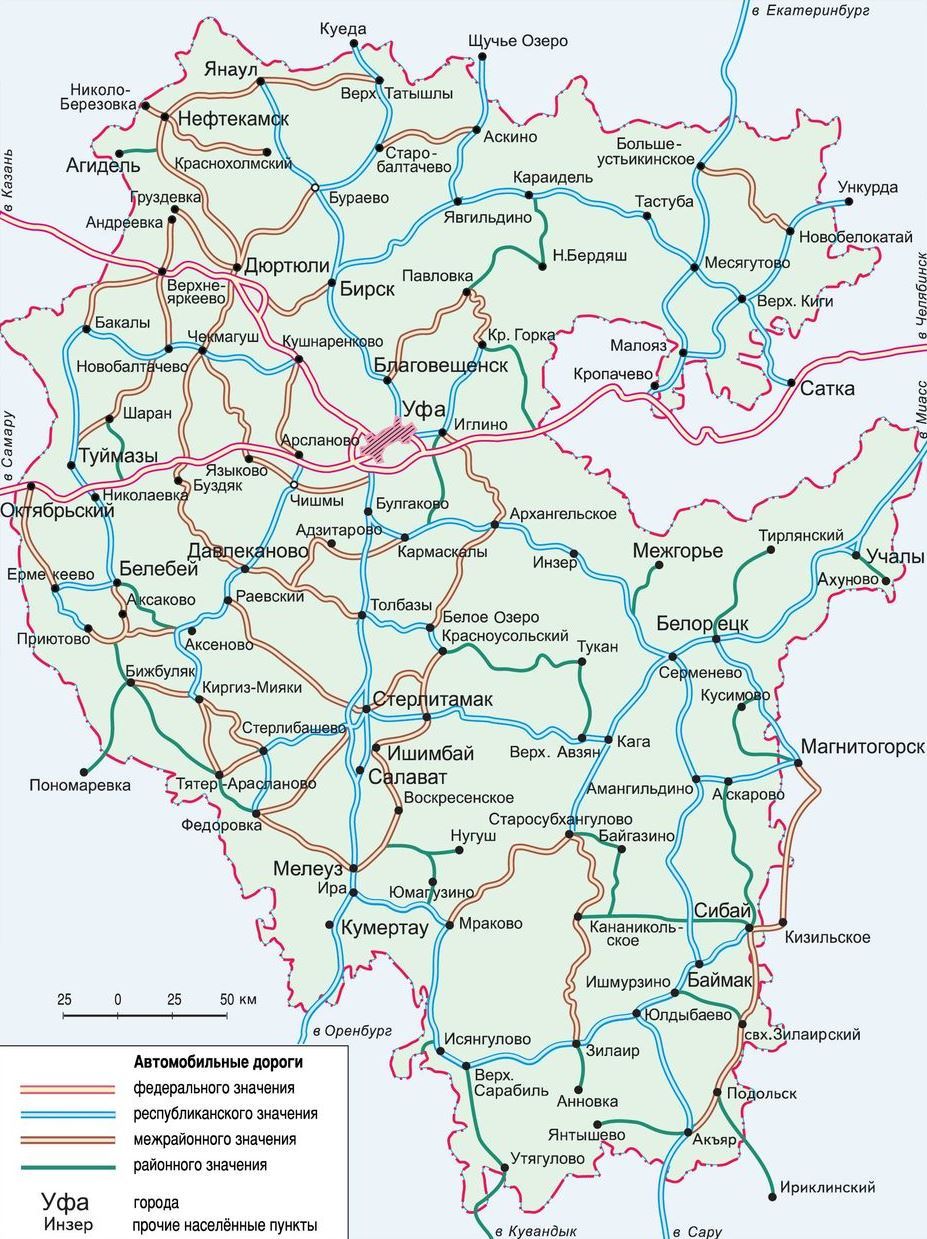 Башкирия карта с городами и деревнями на русском