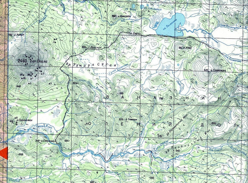 Заказник «Олений дол» и его окрестности на карте южной части Камчатского полуострова