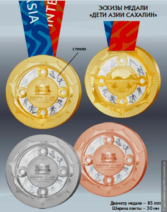 Медали
Всего на играх разыграют 376 наградных эксклюзивных двусторонних медалей на ленте (154 золотых и по 111 серебряных и бронзовых) с таким же количеством подарочных футляров красного, синего и зелёного цветов для них. Награды представят собой металлический цельноштампованный корпус, выполненный из сплава цинка с высококачественным покрытием и полировкой, с центральной стеклянной вставкой. На канте медали должен быть выполнен рельефный декор в виде символического изображения солнца с семью равными лучами-лепестками и множеством тонких прямых лучей. Также предусмотрены четыре стеклянных вставки, на каждой из которых разместится по две пиктограммы с видами спорта, соревнования по которым пройдут в рамках игр, а также логотип I зимних Международных спортивных игр Дети Азии — композиция в виде арки с кругом в центре, с расходящимися от него четырьмя вертикальными нарастающими дугообразными линиями и пересекающими их внизу тремя горизонтальными волнообразными линиями.