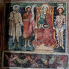 Фреска 15 века . Мадонна на троне с святыми Рокко, Иоанн Креститель и Себастиан