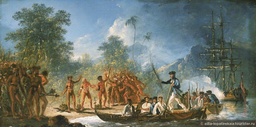 Высадка Капитана Кука на острове Танна в 1774 году. Репродукция с сайта https://cdn2.oceansbridge.com