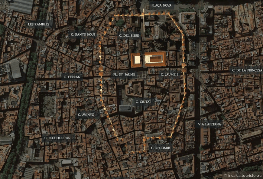 Поверх современной спутниковой фотографии Барселоны нанесены границы древнего римского поселения Барсино. На совмещенном изображении хорошо видно, что все римские постройки умещаются внутри Готического квартала.