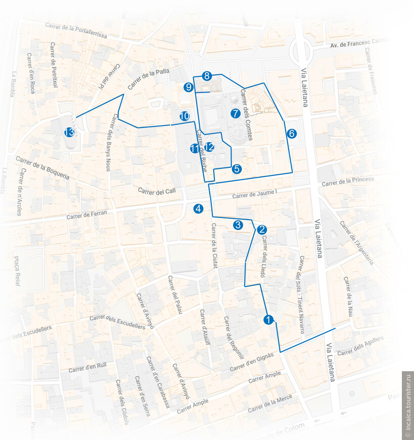 Карта Готического квартала Барселоны + достопримечатеьности и описание маршрута на русском языке.