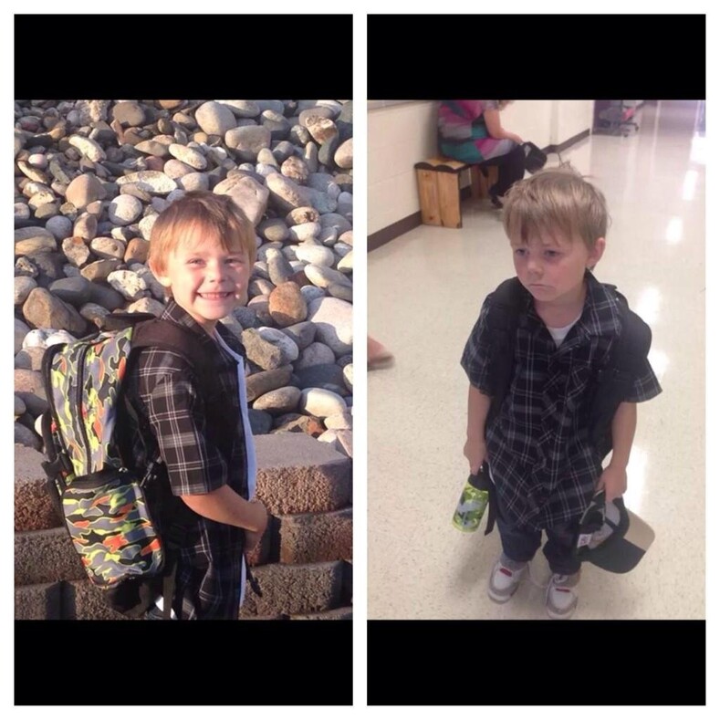 Забавные фото детей до и после первого учебного дня
