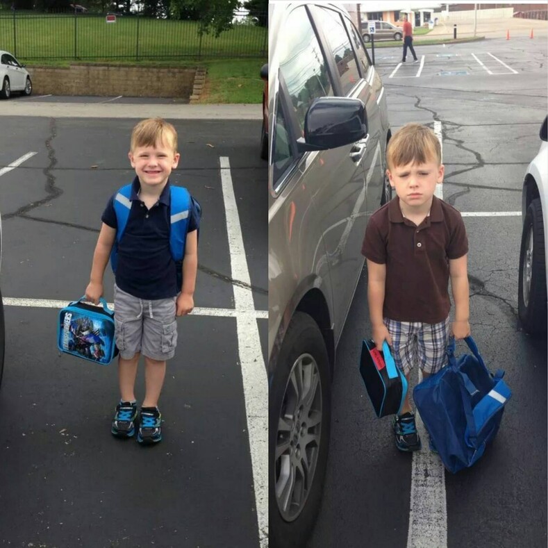 Забавные фото детей до и после первого учебного дня