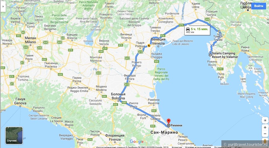 Карта автомобильной поездки - п/о Истрия (Хорватия) - Римини (Италия)