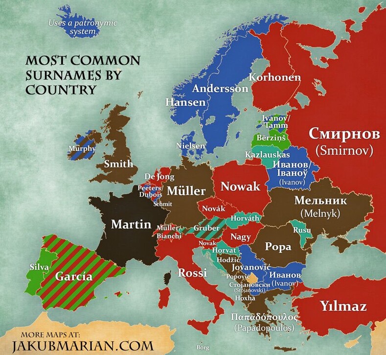 Создана карта самых популярных фамилий в разных странах (угадайте — какая в России?)
