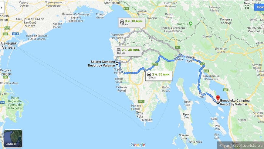 Карта маршрута с полуострова Истрия на остров Крк
