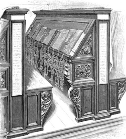 Так изначально выглядела библиотека: пюпитры, полки, не стеллажи.
Зарисовка средневековой библиотеки.