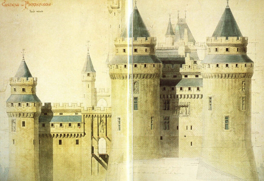 Эжен Виоле-ле-Дюк. Чертеж, Замок Пьерфон, основной вид. Акварель, 1858 год.