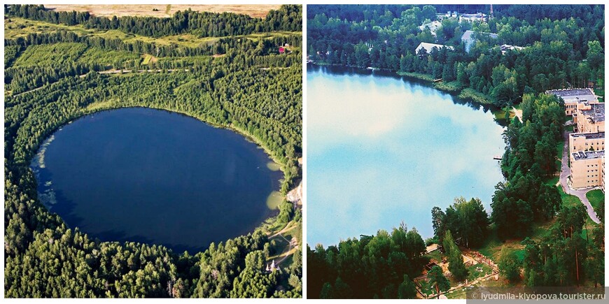 Озеро Светлояр (вид сверху); озеро Боровое (на снимке только половина озера, но очертания берегов ясны). Фотографии для коллажа взяты в Интернете