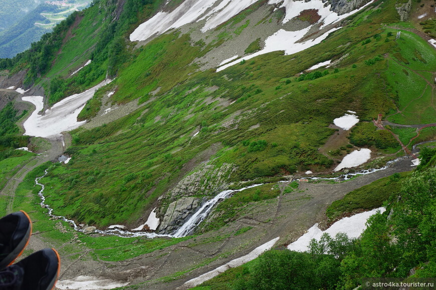 При спуске к цирку 2 видна первую ступень водопада Медвежий и тропа к нему, закрытая сеткой (справа).