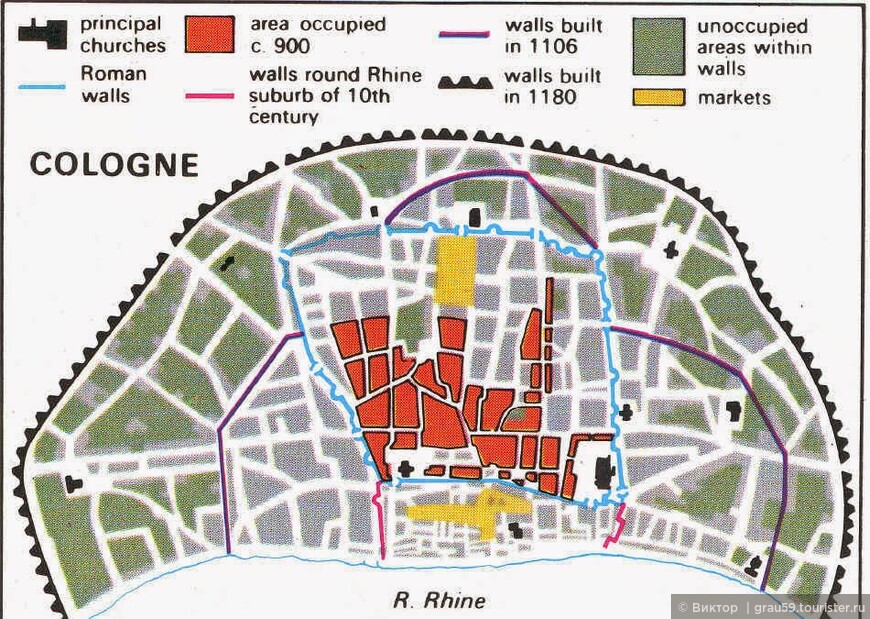 Римская колония на Рейне, Колония Агриппина была крупнейшим городом Германии в одиннадцатом и двенадцатом веках. В 900 году менее половины площади в пределах римских стен были заняты. Город быстро рос в одиннадцатом и двенадцатом веках. Новые стены были добавлены в 1106 и 1180 годах. Стены 1180 года оставались границами города до девятнадцатого века. (Из Интернета)