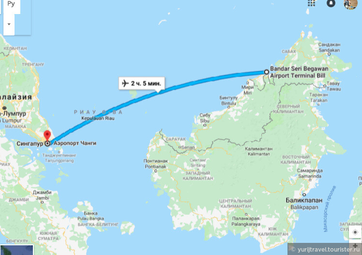 Карта перелета Сингапур - Бруней