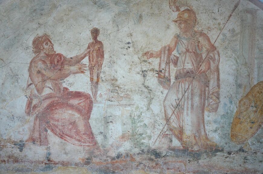 Римская фреска из музея Остиенсе, изображающая Прометея, создающего человека в присутствии Афины