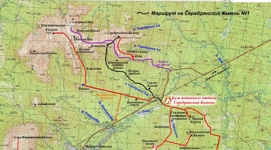 Карта маршрутов в районе Конжака и Серебрянского камня