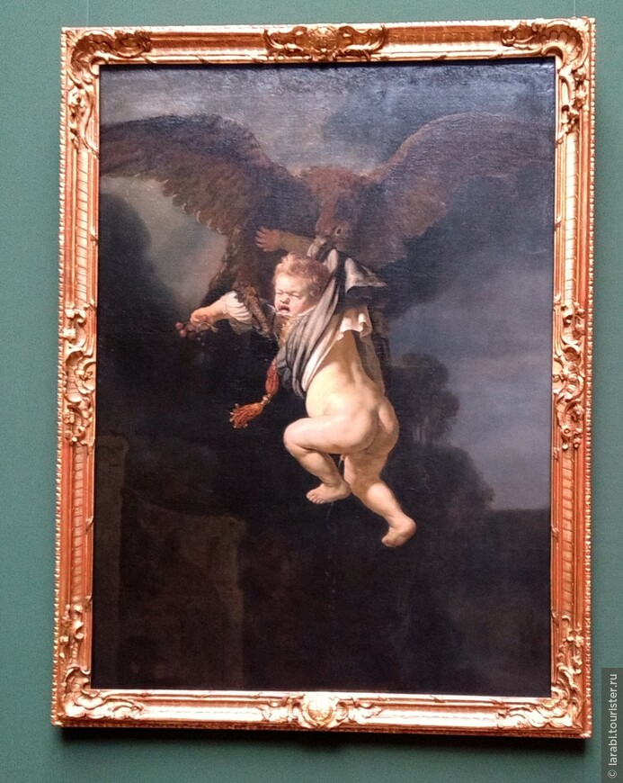Похищение Ганимеда Зевсом, кисти Рембрандта - это другая история, но как иллюстрация к легенде подойдёт.
