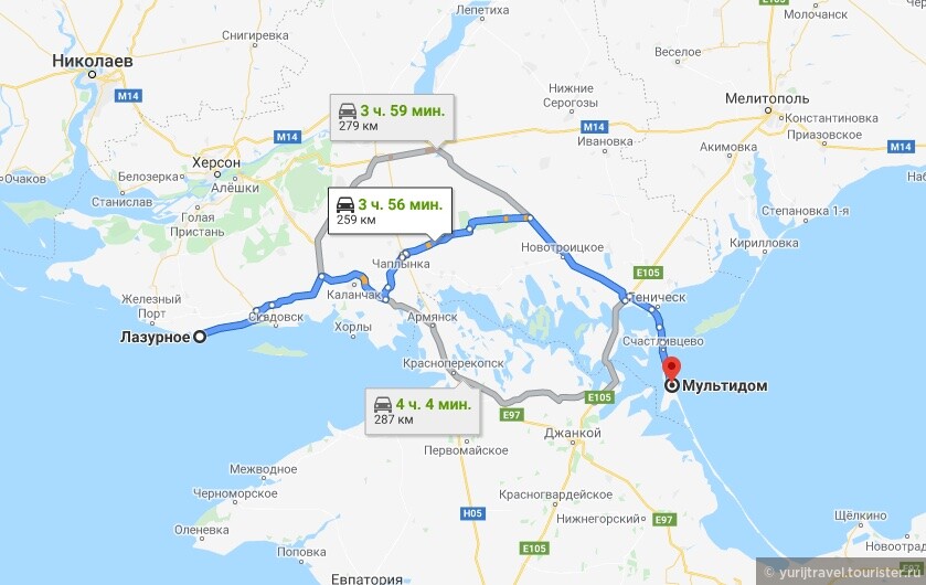Карта маршрута с Арабатской стрелки до городка Лазурное. Аскания-Нова находится на самом северном отрезке этого пути.